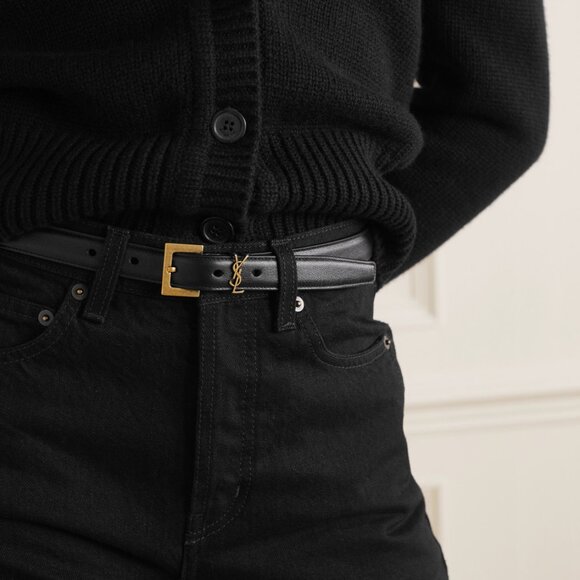 YSL Cassandre Skinny Monogram Leather Belt with Bronze Gold Hardware main image 6